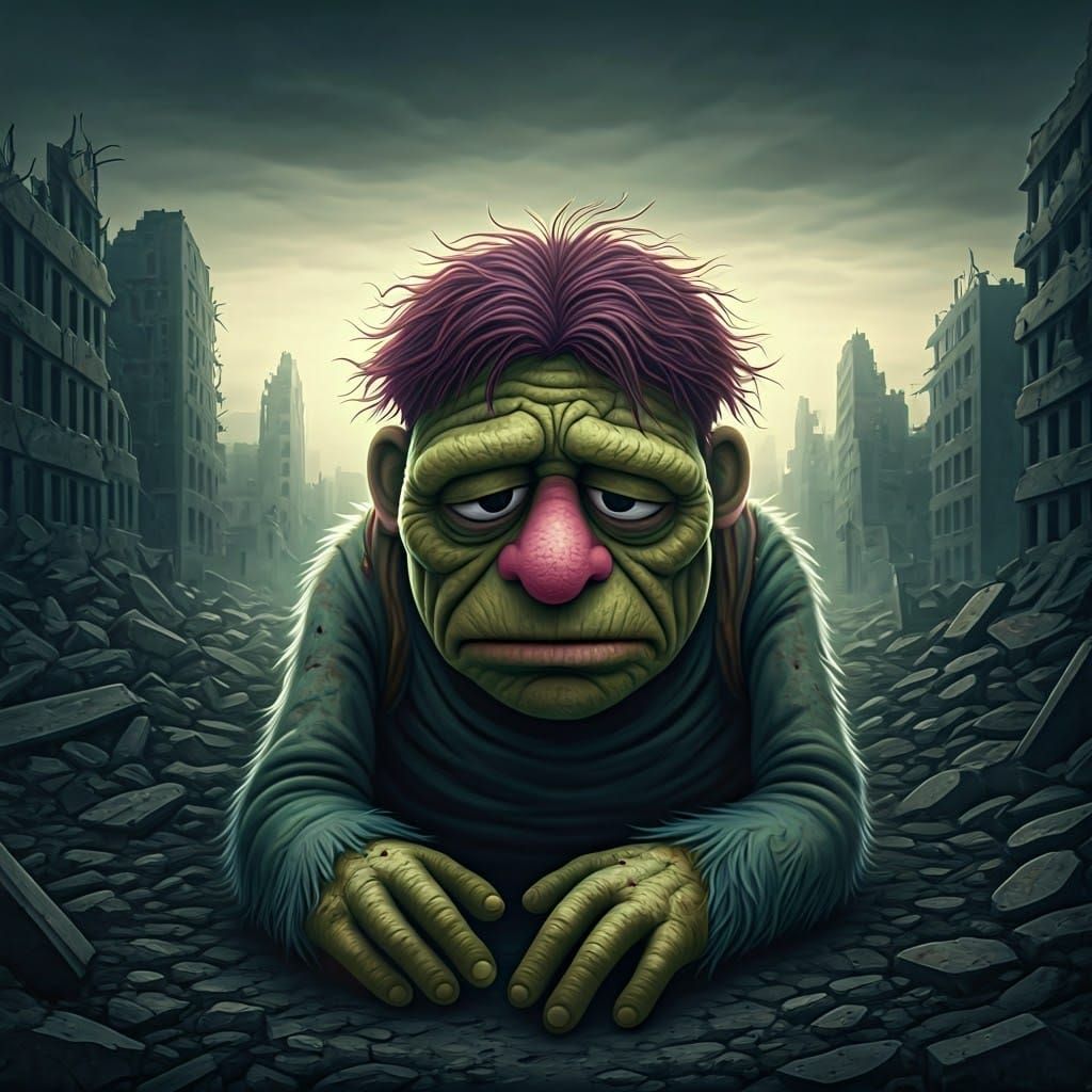 the Muppet style monster with a sad face set amidst the ruin...