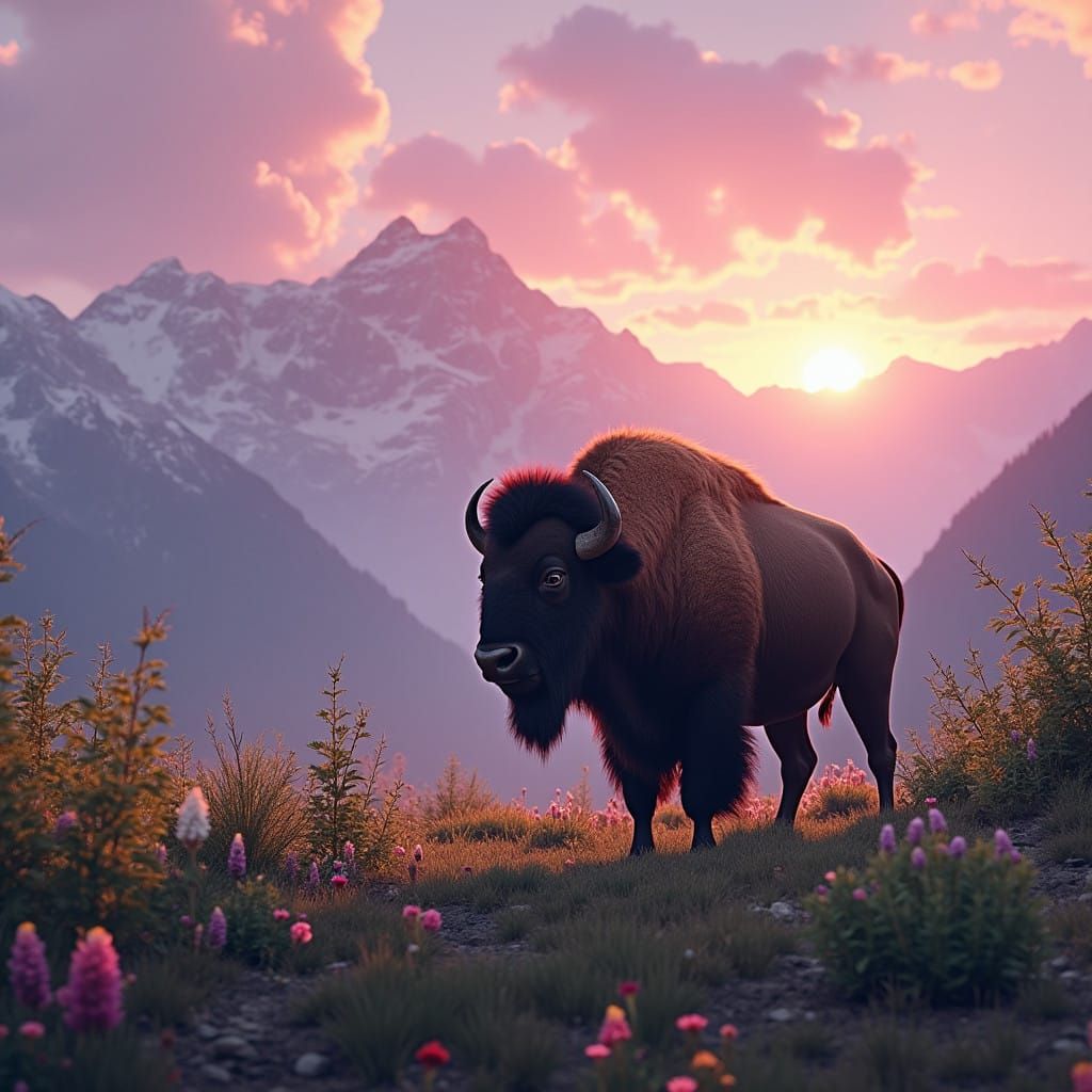 Majestic Bison Roams Lush Meadow Under Vibrant Sunset