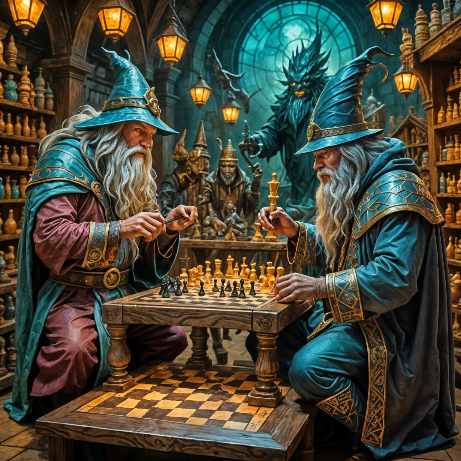 Wizards Play Holographic Chess in a Bustling Market Scene