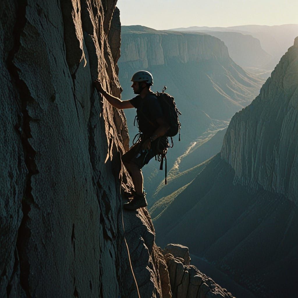 Man Rappelling Down Cliff Face with Epic Landscape View