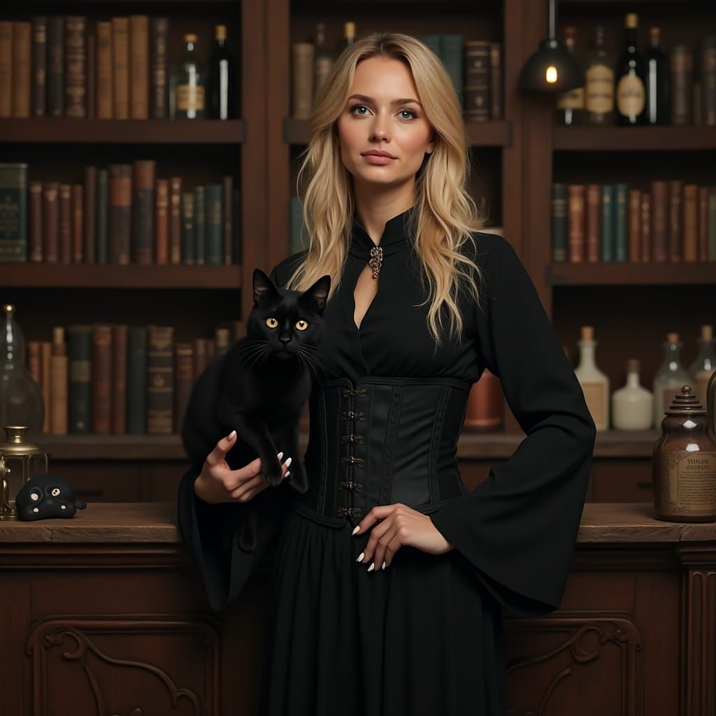 Blond Woman in Black with Cat and Occult Shelf