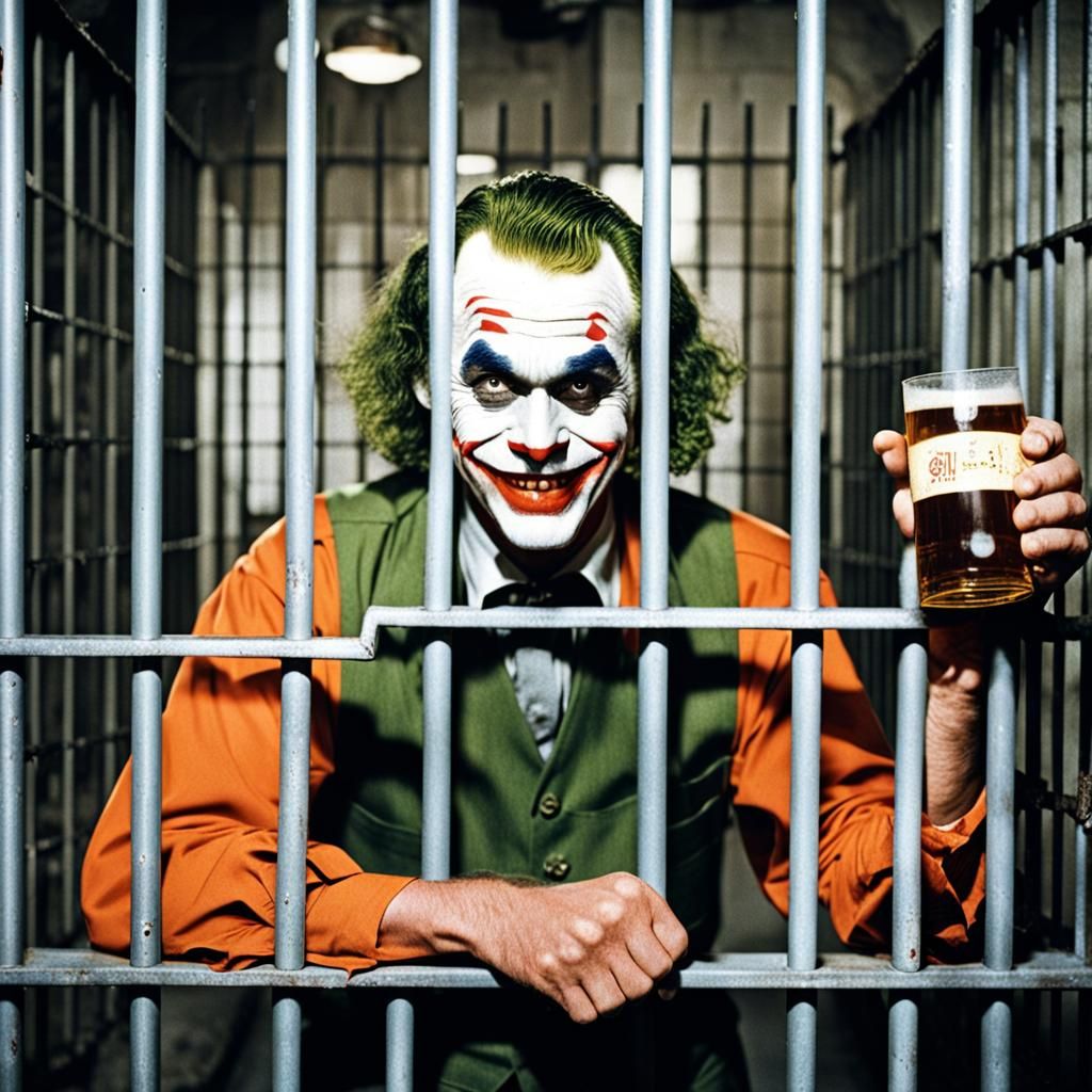 Vintage Joker Smirks Behind Bars in Colorful Prison Cell