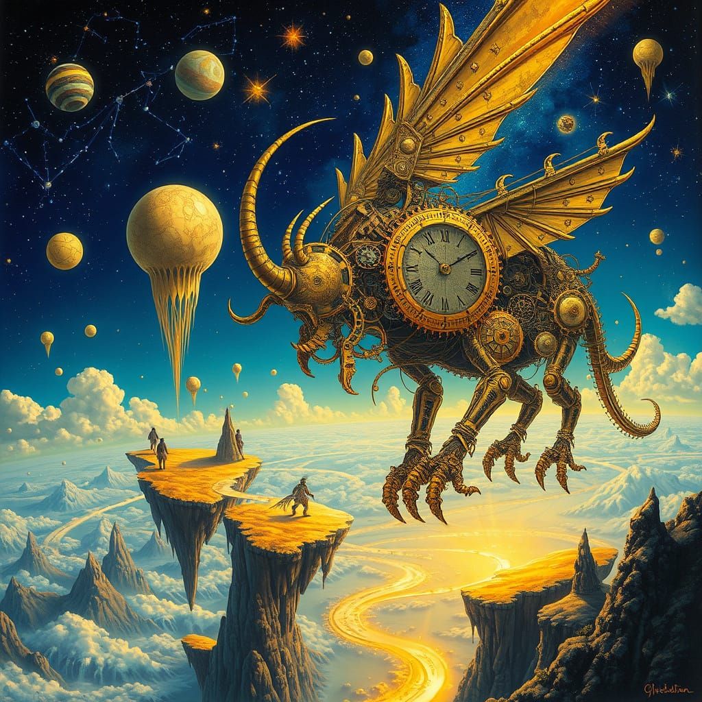 Clockwork Creatures in Surreal Golden Sky