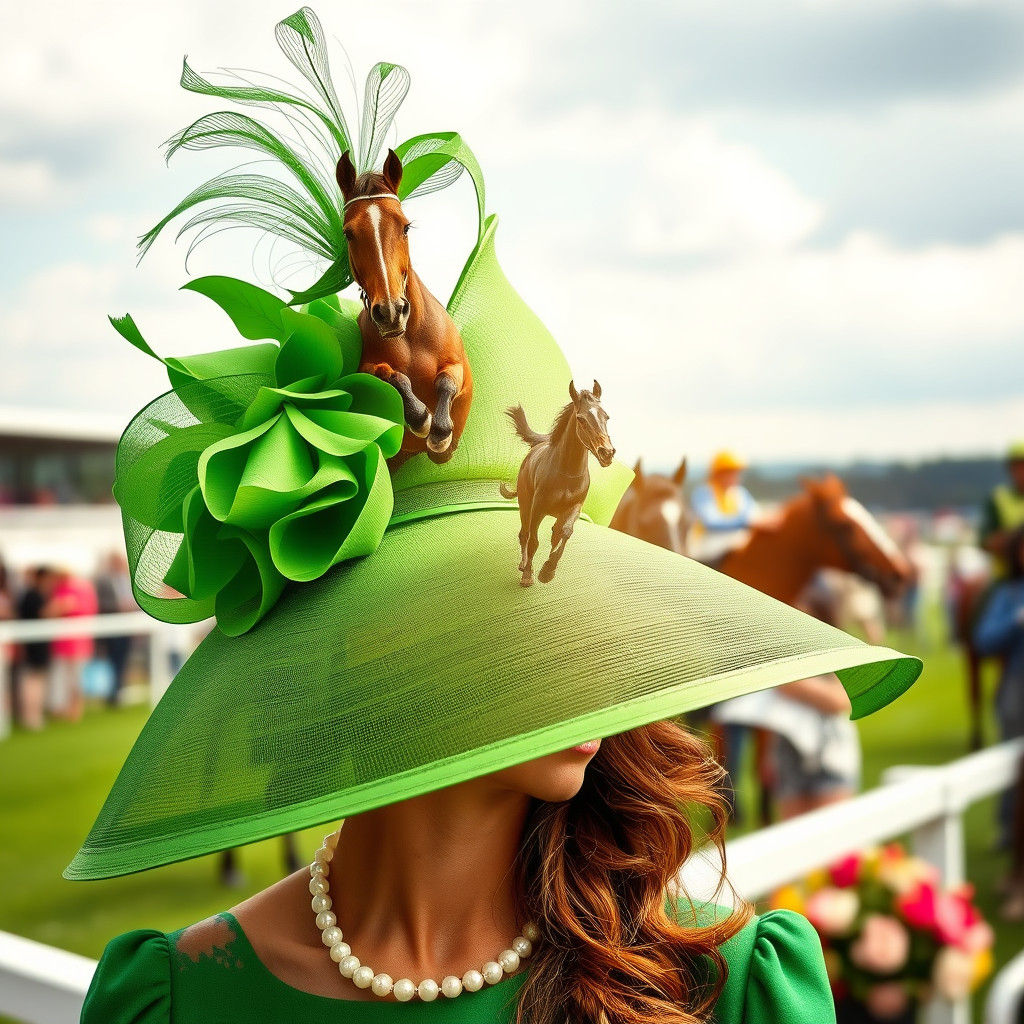 Woman in Green Hat at the Races, Epic Horse Racing Scene Dep...
