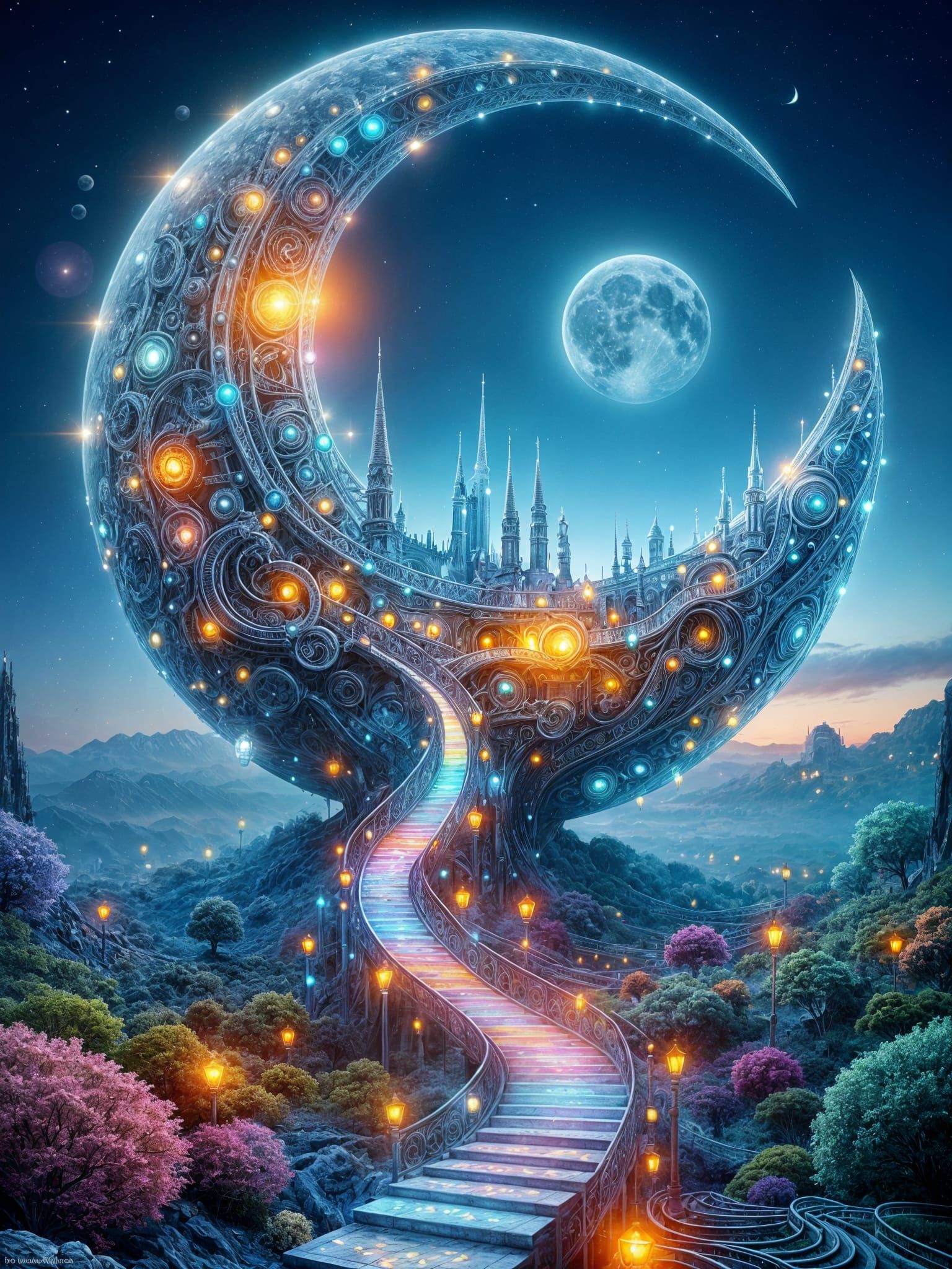 Cosmic Metropolis Rises from the Moon's Crescent