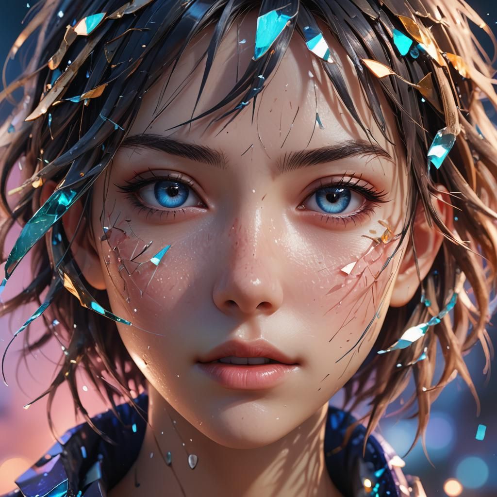 Anime-Inspired Portrait of a Young Woman with Shattered Skin