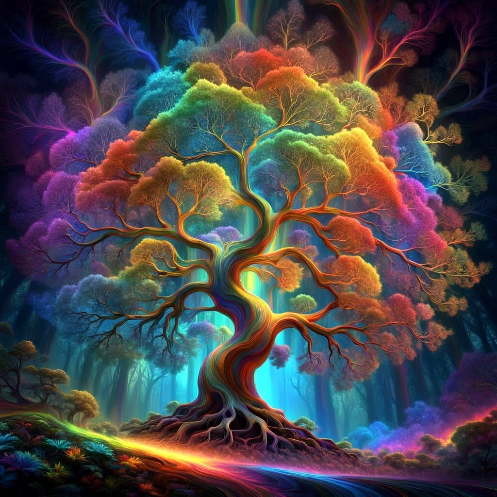 Vibrant Rainbow Fractal Tree in Psychedelic Digital Art