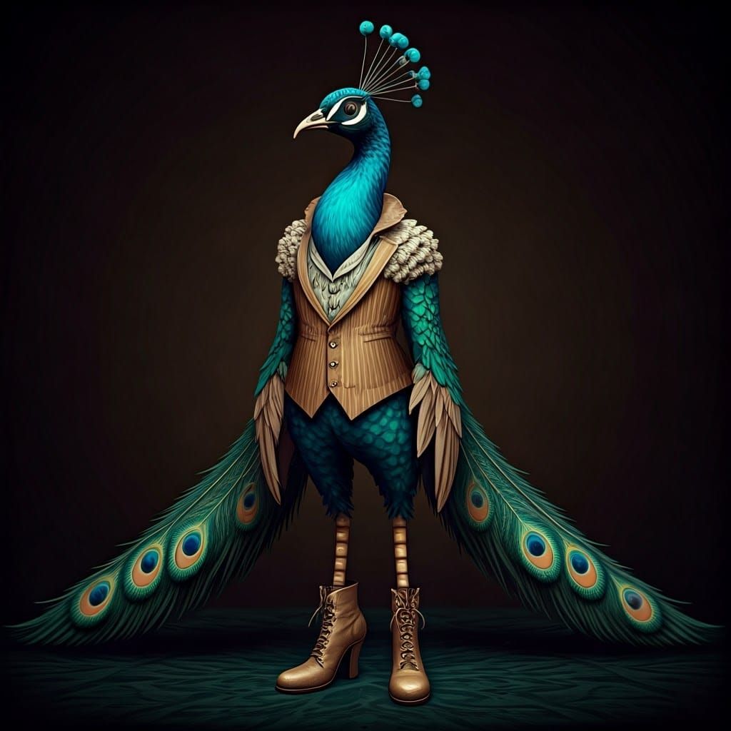 Gothic Whimsy: Quirky Peacocks in Muted Hues with Pop of Col...