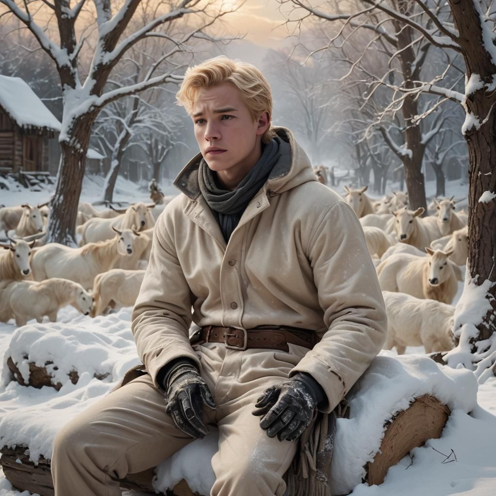 Teen Stable Boy in Winter Landscape