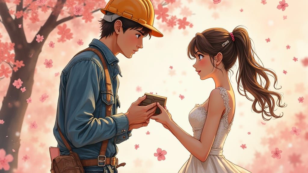 Romantic Anime Scene: Shy Construction Worker Proposes to Ts...