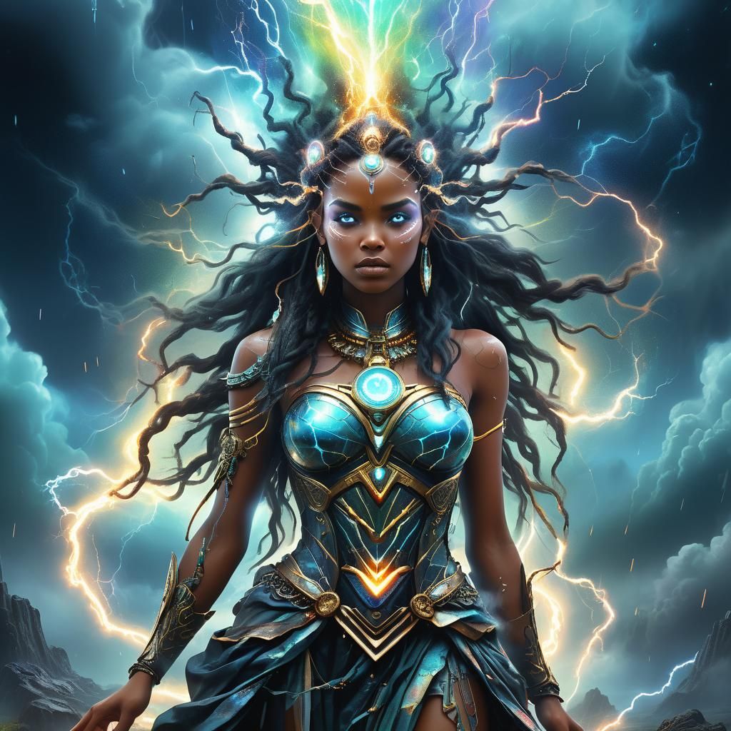 Ethereal Thunder Goddess in Dramatic Stormy Landscape