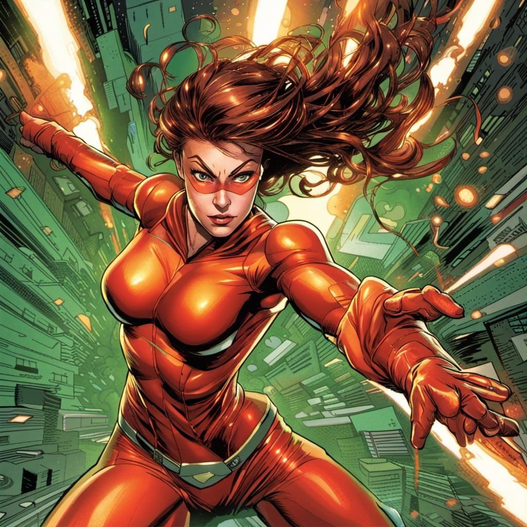 Female Superhero in Red Suit with Orange Aura