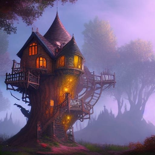 Surreal Treehouse Castle in Vibrant Fantasy Realms