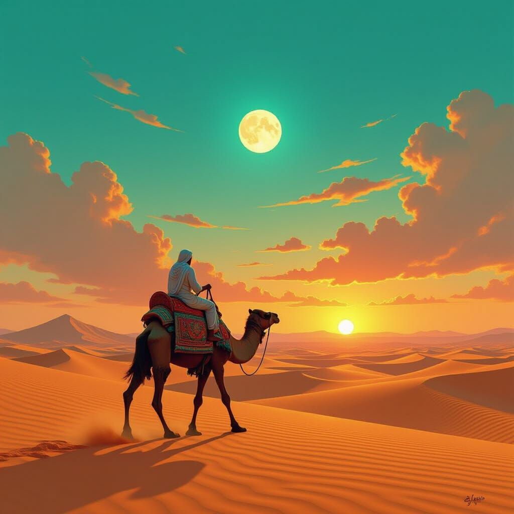 Camel Journey Through Arabian Desert Landscape