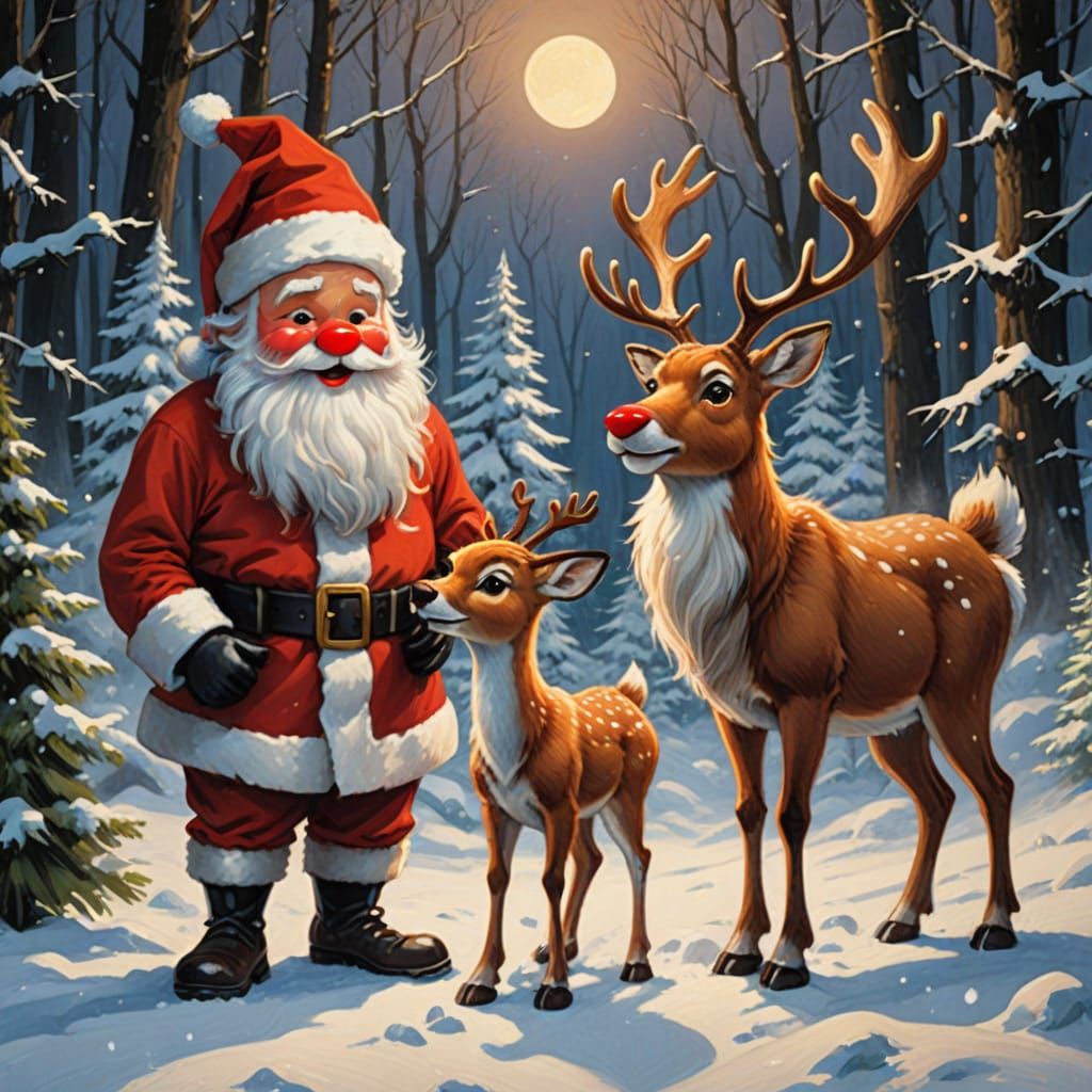 Santa Claus and Rudolph in Snowy Forest Oil Painting