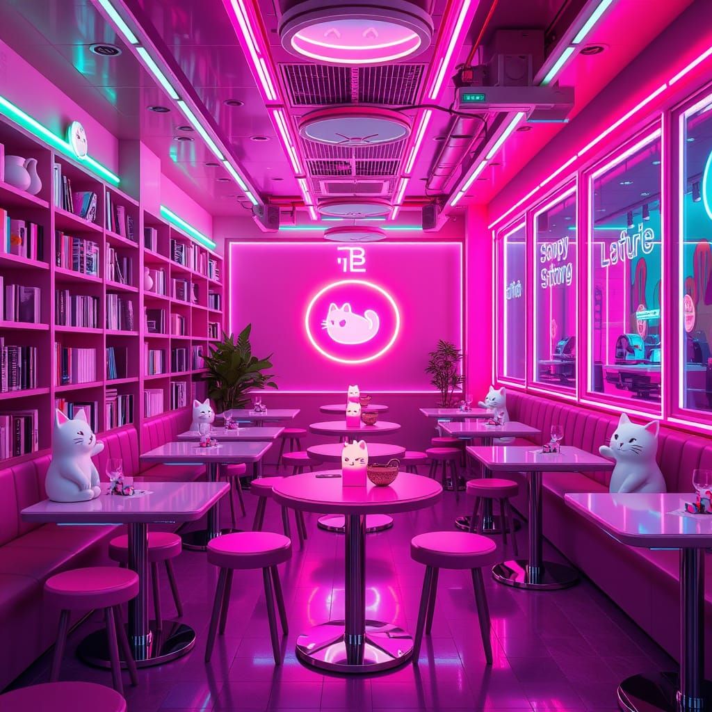 Futuristic Cat Tea Shop in Synthwave Neon Style