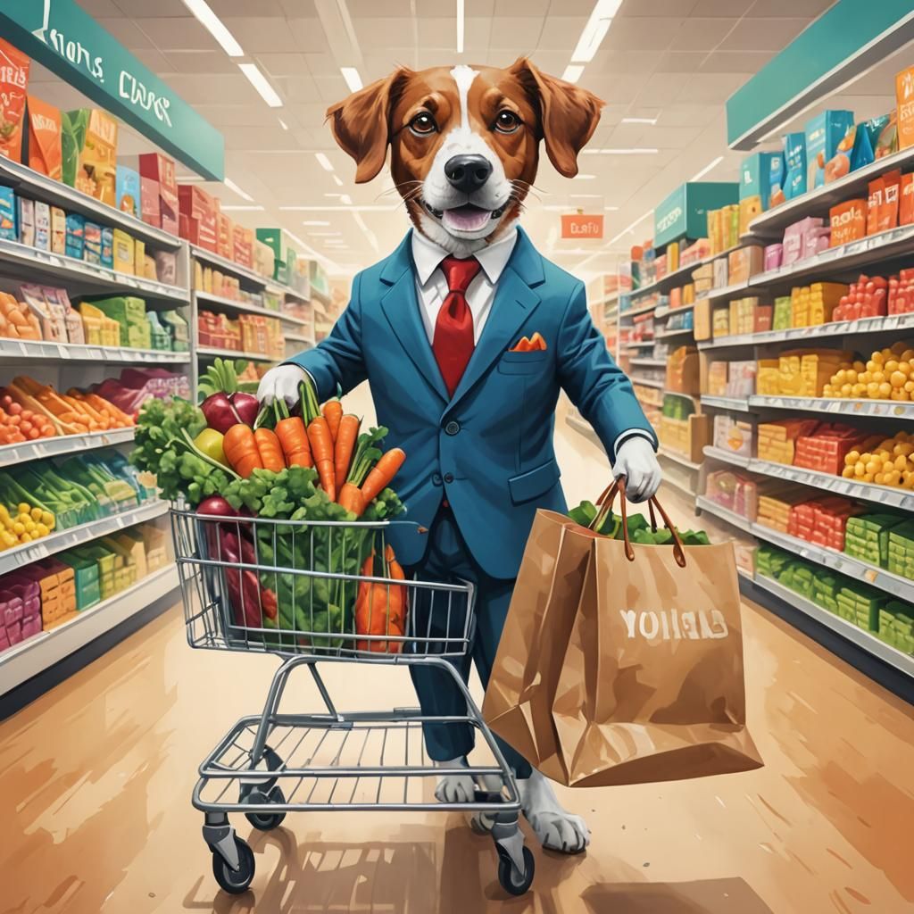 Wealthy Dog Shops in a Whimsical Supermarket