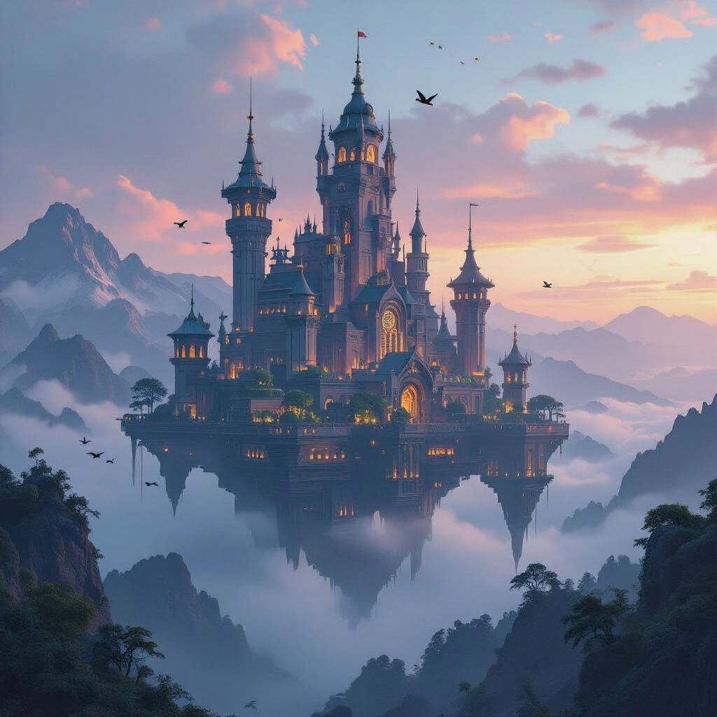 Cyberpunk Castle Above Mountains at Evening