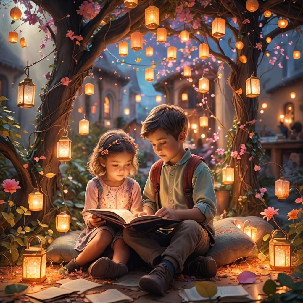 Whimsical Boy Reads with Enchanted Companion in Fantastical....