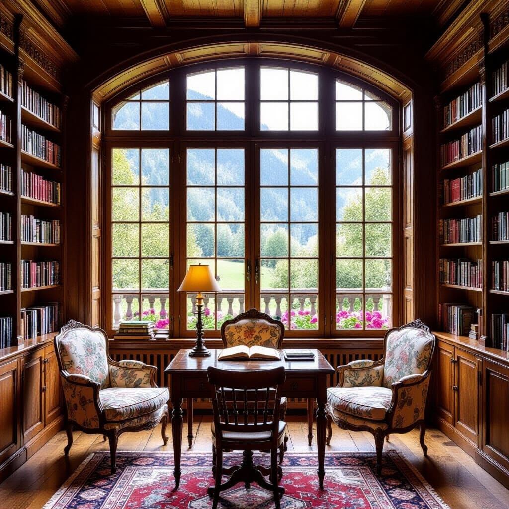 French Chalet Library in 19th Century Art Style