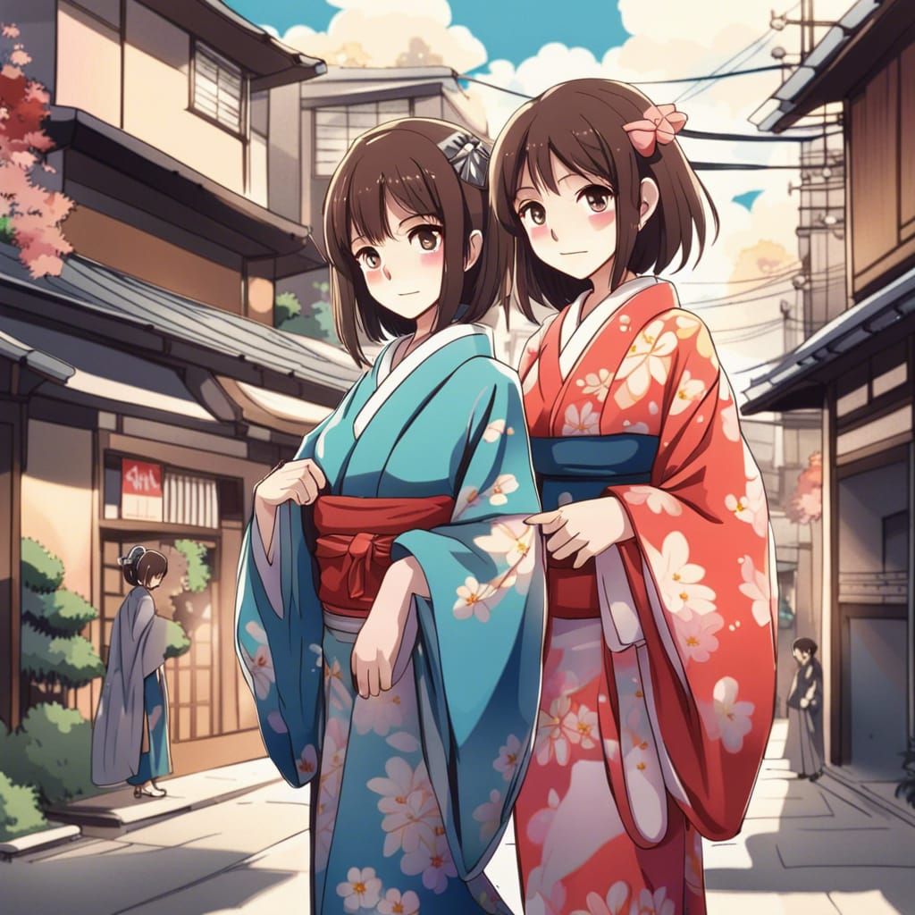 Japanese Women in Kimonos Strolling Anime Streets