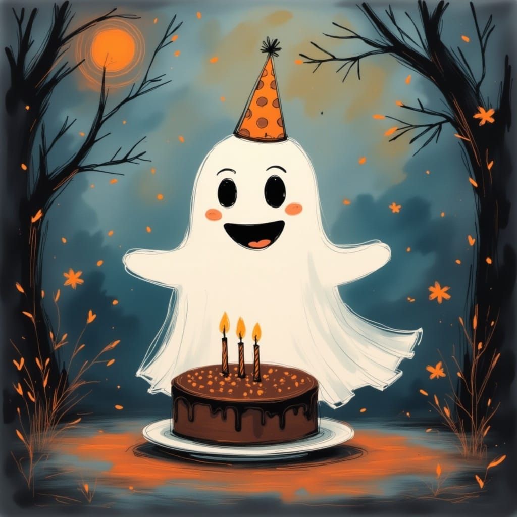 Happy Ghost Celebrating Birthday with Cake
