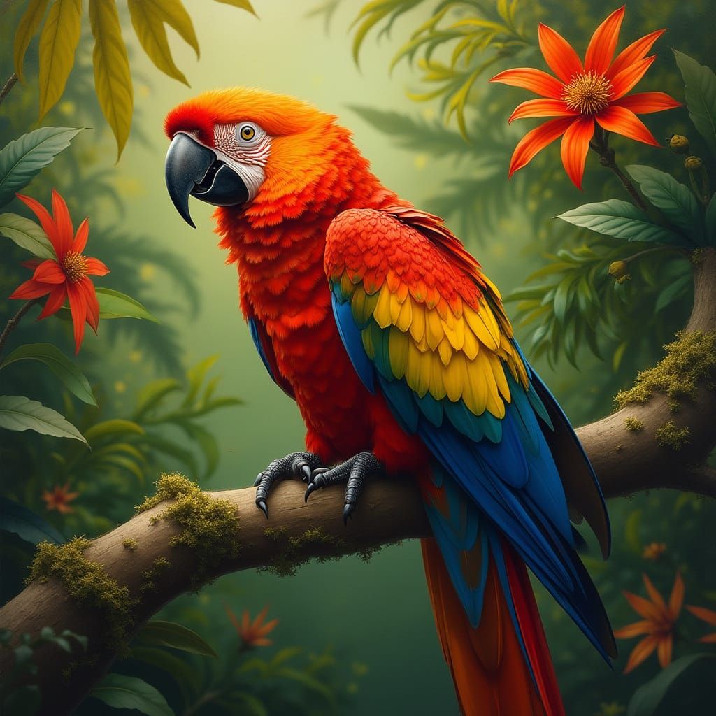 A vibrant parrot, positioned slightly off-center to the left...
