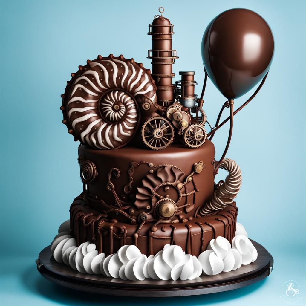 Victorian-Inspired Steampunk Cake and Ammonite Amidst Balloo...