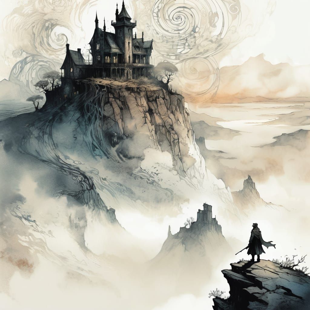 Misty Cliffside Landscape with Solitary Figure