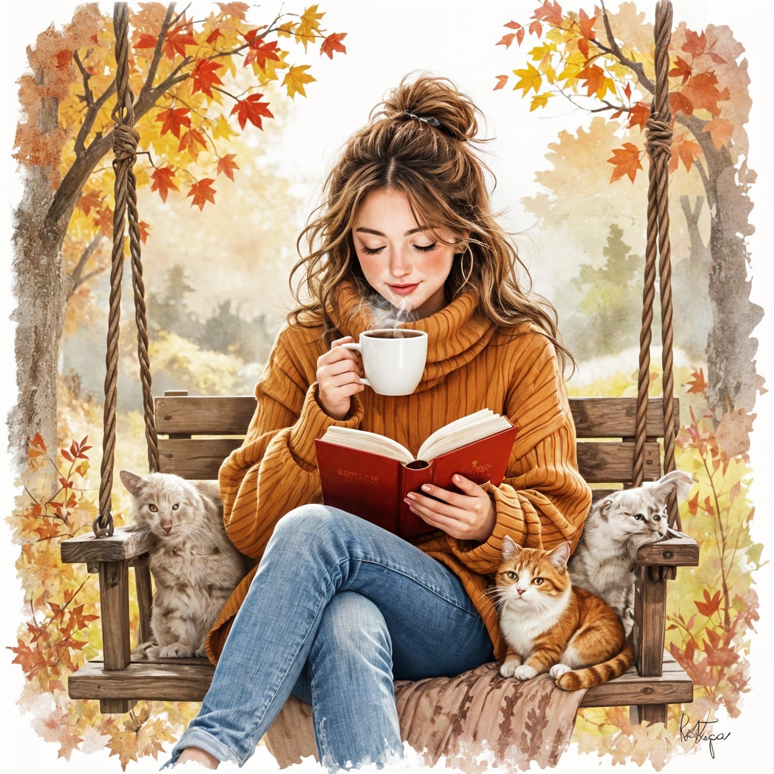Cozy Autumn Scene with Woman on Swing