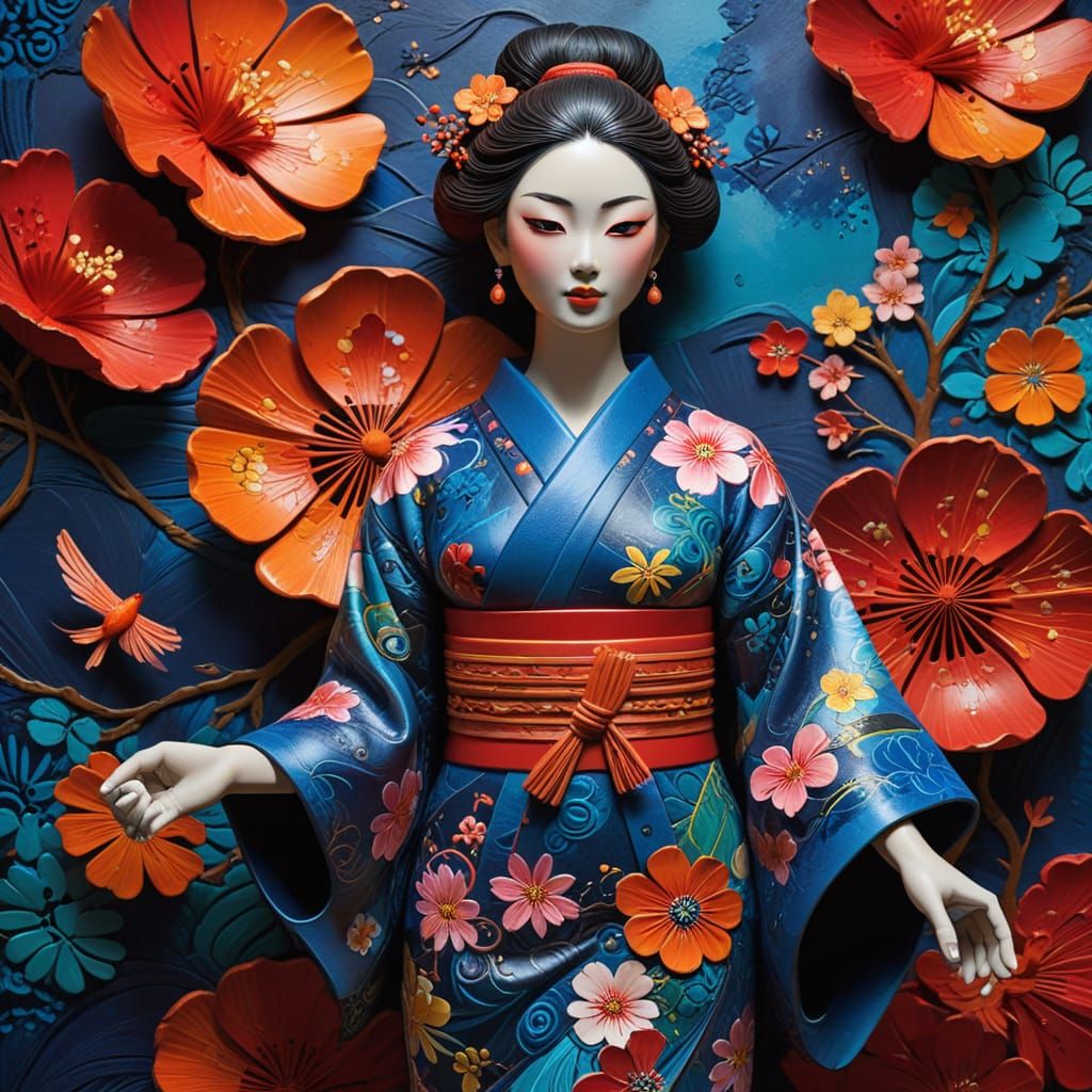 Hand-painted plaster background, vibrant embossed relief of a Kimono with Anime style cosmetics, rich layered pigments b...