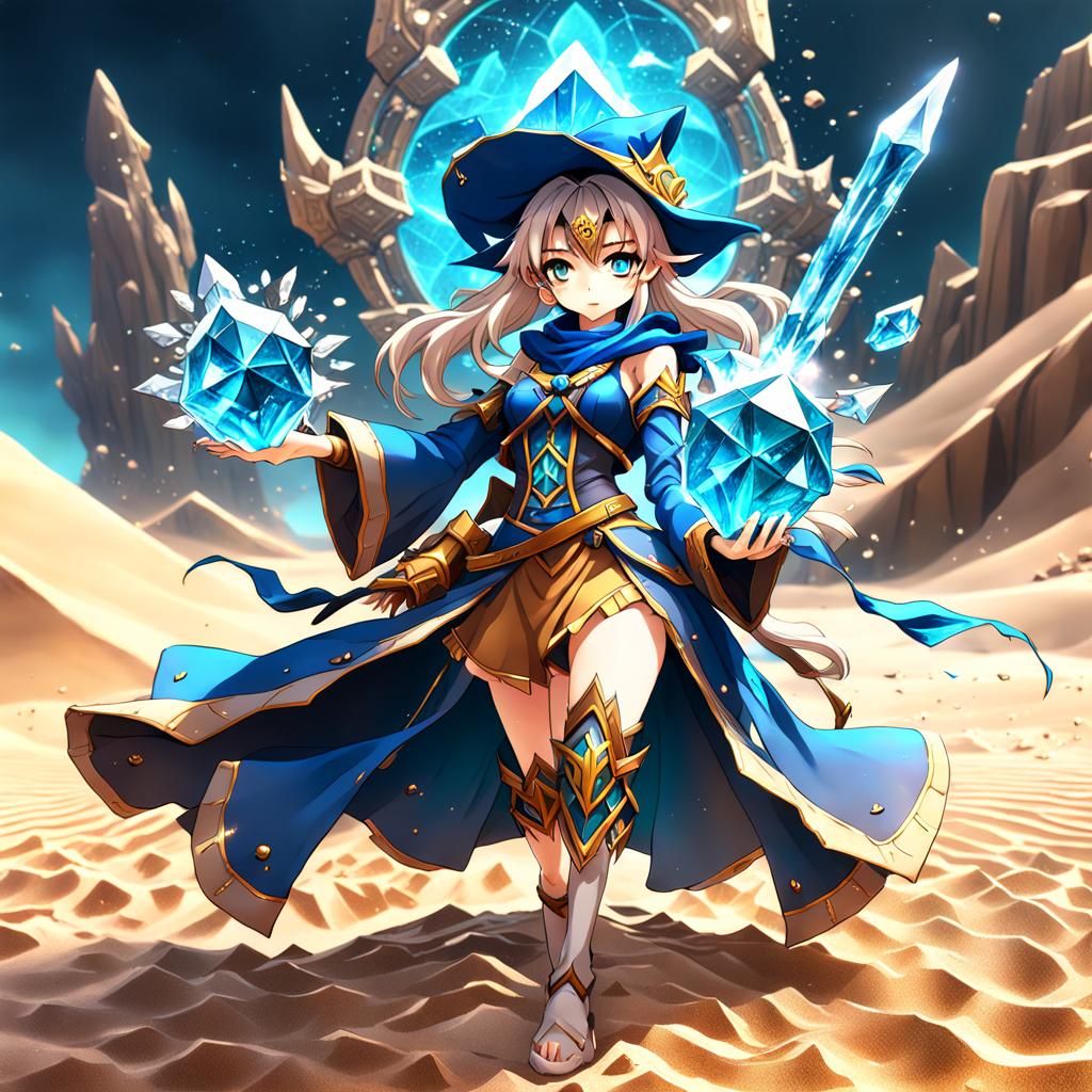 Fantastical Wizard Girl Amidst Vibrant Sand Crystal Landscap...