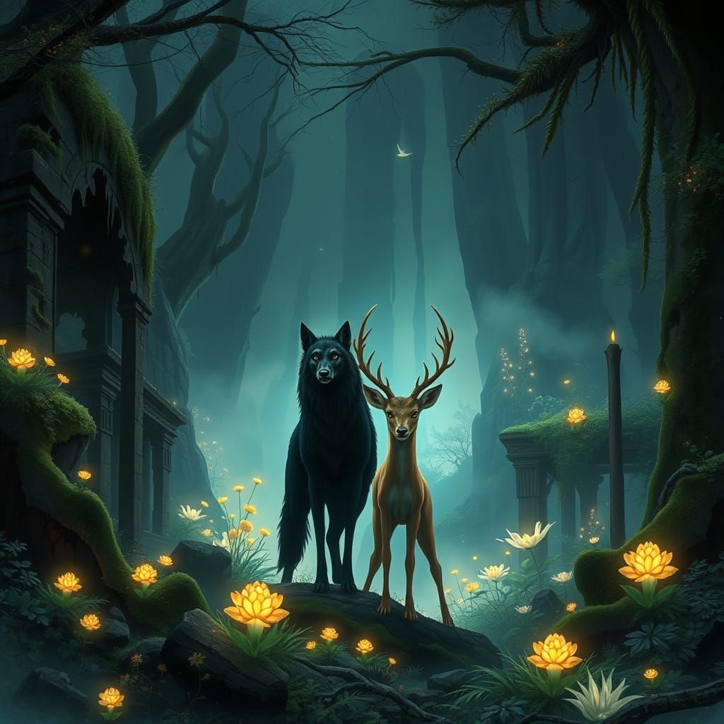 Mystical Forest Scene with Wolf and Deer