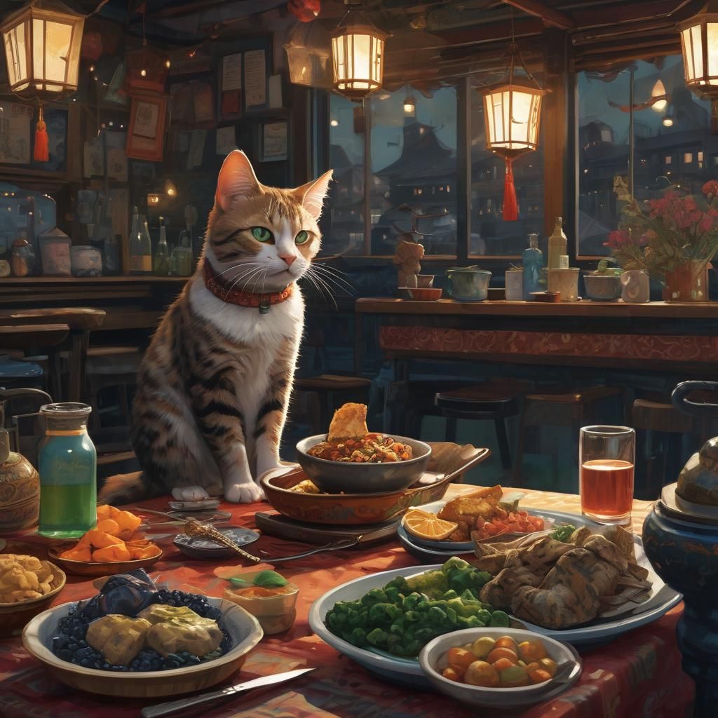 A Hungry Cat Awaits Feast in Vibrant Detail