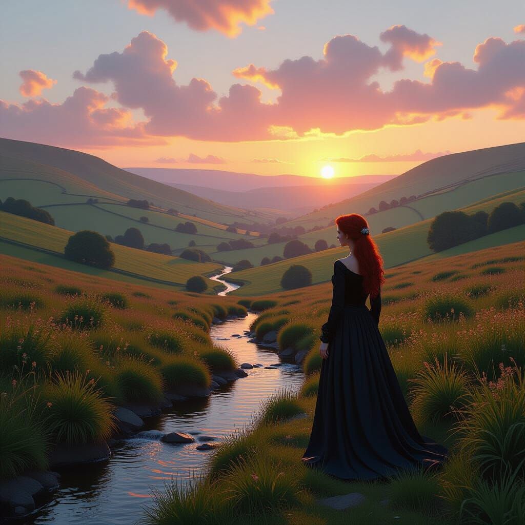 Lone Woman in Serene British Countryside Sunset