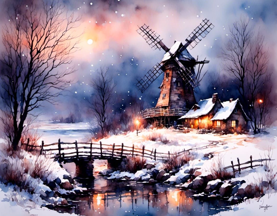 Vibrant Winter Windmill Scene in Antique Watercolor Style