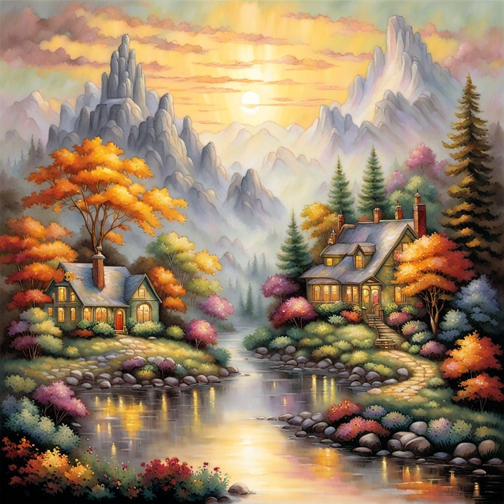 Dreamlike Stained Glass Landscape with Crystal Mountains
