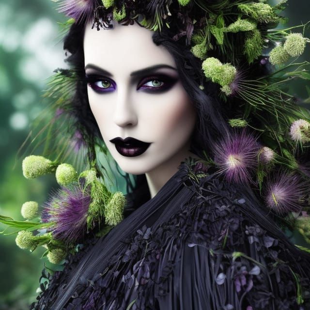 Gothic Girl Portrait with Dark Flora in Hyperrealistic Style