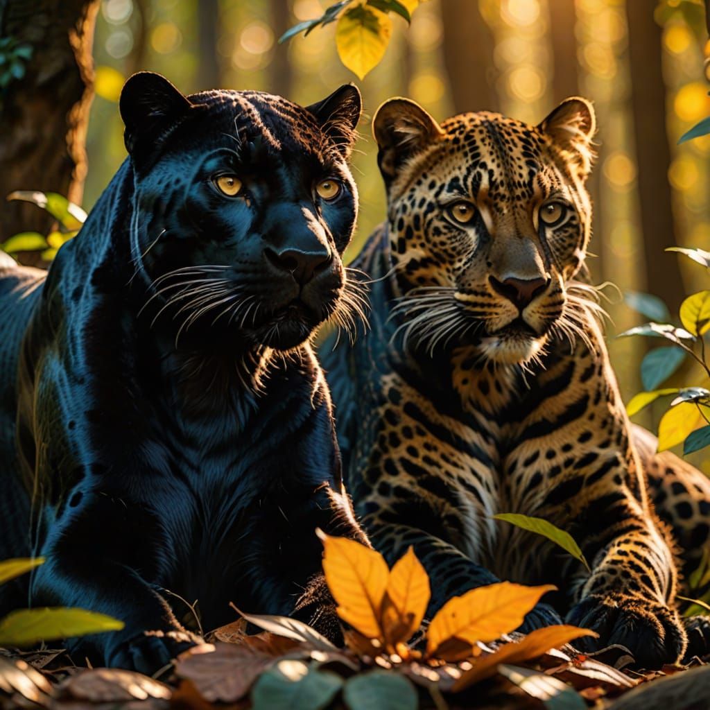 Majestic Black Panther and Leopard in Golden Forest Light