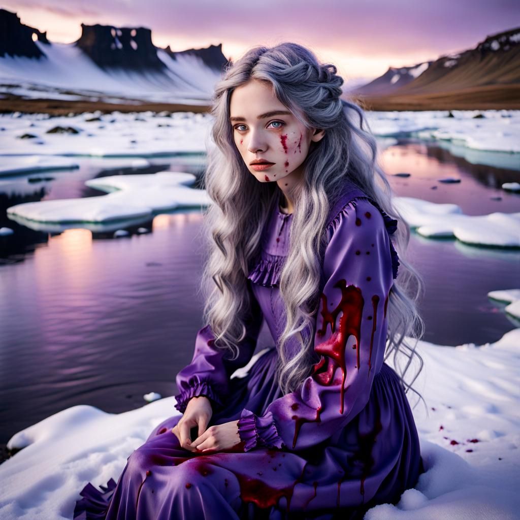 Girl in Ruffled Violet Maxi Dress, Surrounded by Icelandic S...