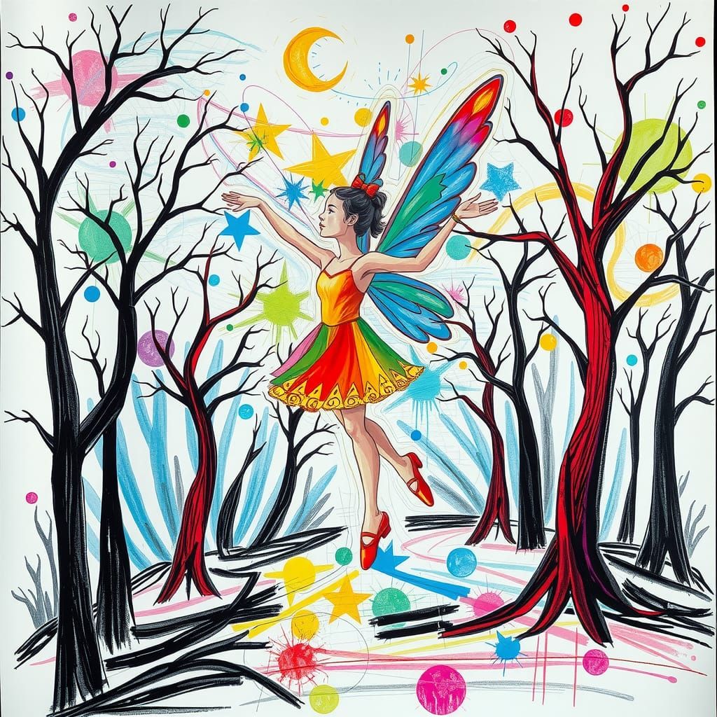 Vibrant Cubist Fairy in Red Ballet Shoes Amidst Swirling Col...