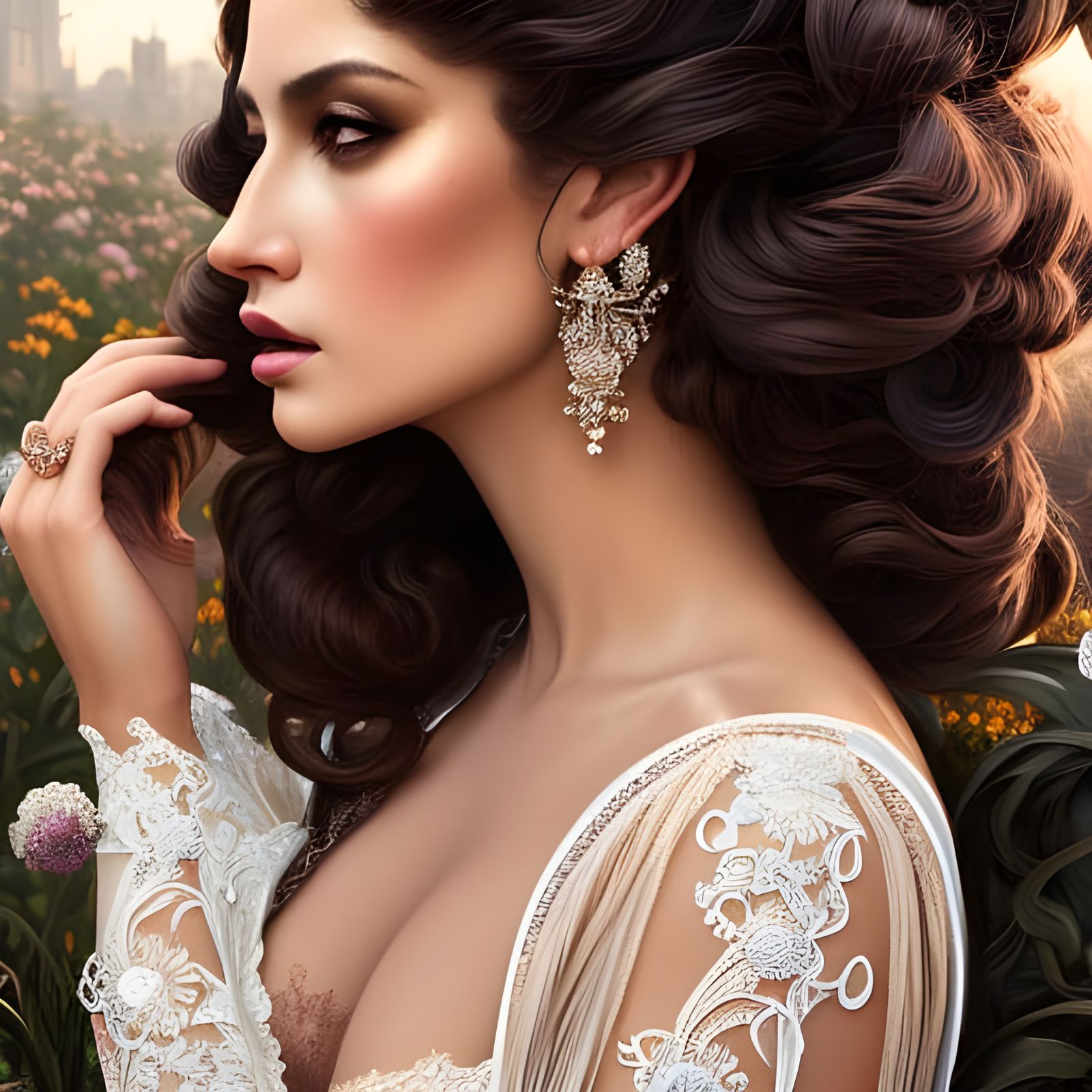 Ethereal Woman in Lavish Lace Gown, Inspired by Rococo Maste...