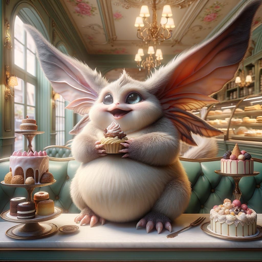 Charming Fantasy Creature Enjoys Cakes in Elegant French Bak...