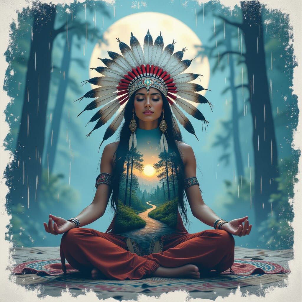 Mystical Native Forest Spirit in Meditation with Feathered H...
