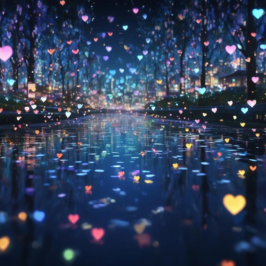 Dreamy Anime Hearts in Vibrant Bokeh Lighting