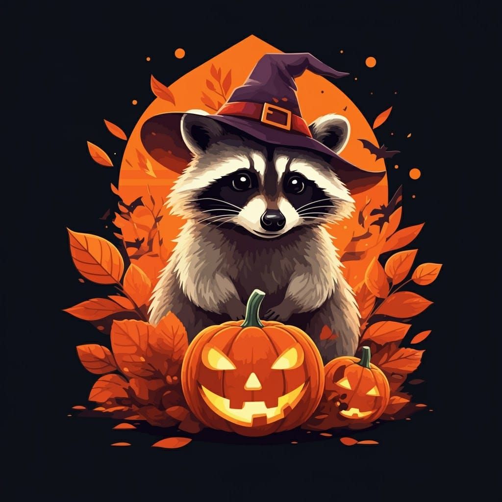 Cute Raccoon in Witch Hat Surrounded by Autumn Leaves and Ja...