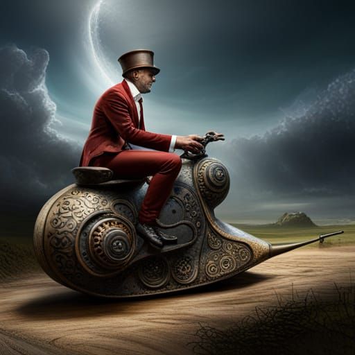 Whimsical Steampunk Snail Rider in Intricate Fantasy Scene