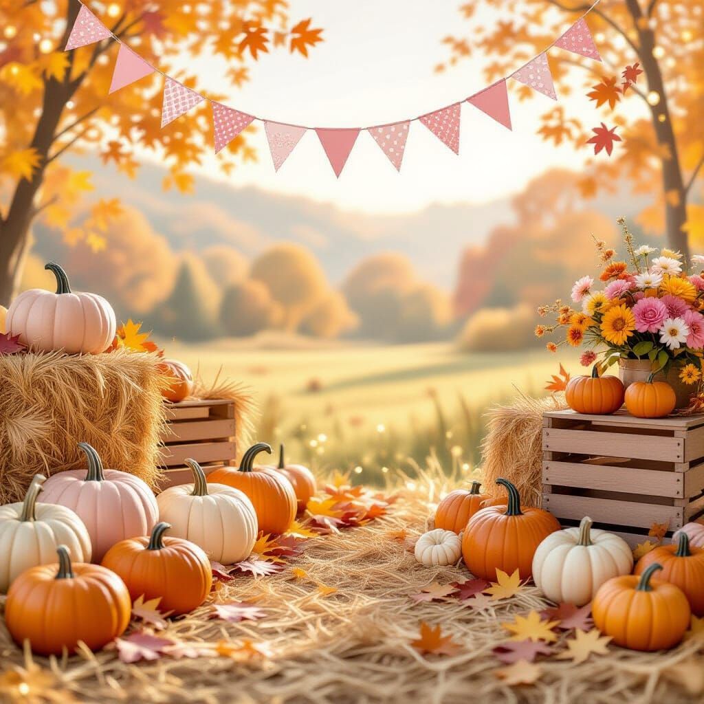 Whimsical Autumn Birthday Background with Pastel Pumpkins an...