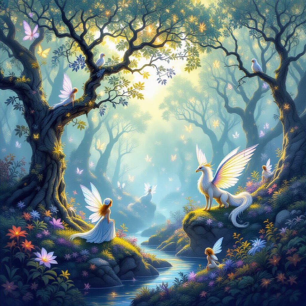 Whimsical Fantasy Land with Fairies and Griffins