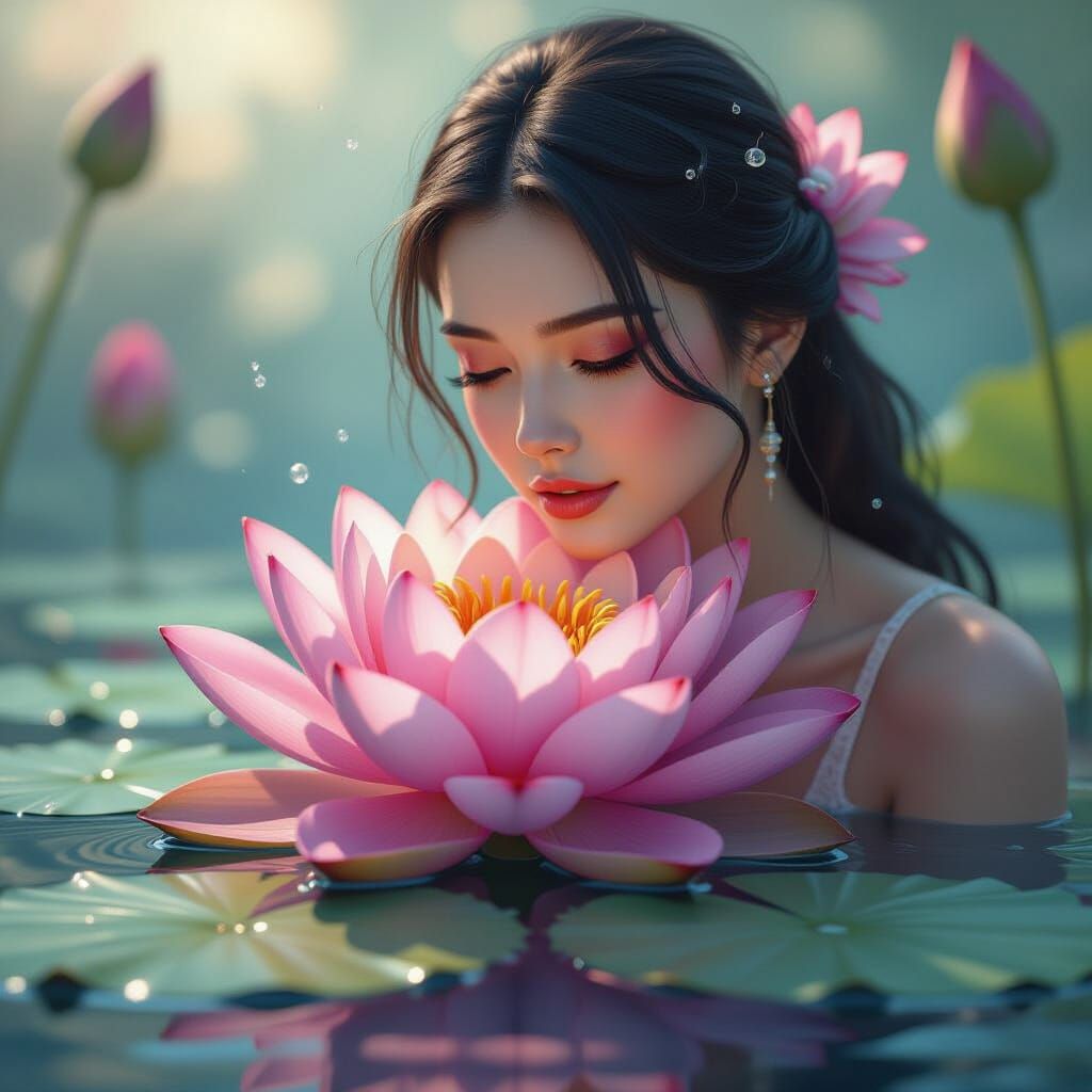 Blooming Lotus Flower in Dreamy Hyperrealistic Style